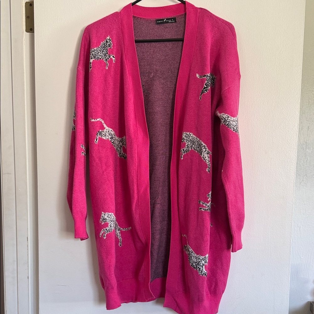 Emery Rose Hot Pink Open-Front Cardigan with Leopard